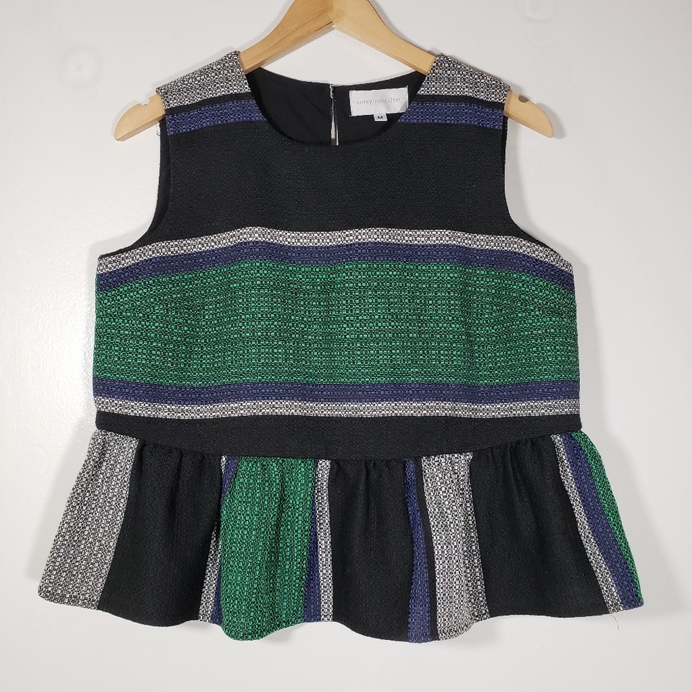 Corey Lynn Calter Black Green Blue Striped Peplum Sleeveless Top
